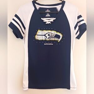 Seattle Seahawks Women's White Blue Rhinestone Sequins Lace Up Jersey Shirt Med